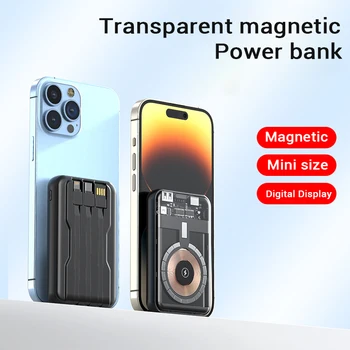 20000mAh Mini Macsafe Powerbank Qi Vezeték nélküli Töltő Átlátszó Power Bank hordozható Külső Tartalék Akkumulátor iphone 14 Xiaomi