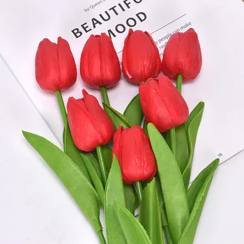 5db 34cm Tulipán Virág Mesterséges Tulipán Csokor PU Műanyag Hamis Virág esküvői Szertartás Dekoráció Otthon Kert Csokor Dekoráció