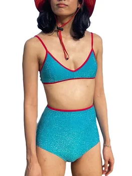 A nők Fényes fürdőruhát, Spagetti Pánt V-Nyak Bikini Szett kétrészes Fürdőruha