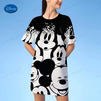 Disney Minnie Mickey Női Póló Ruha Rövid Ujjú Közepes Hosszúságú streetwear Póló Női Nyári koreai Rajzfilm Laza Póló