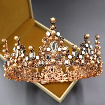 Európai retro, barokk kör teljes kör menyasszony korona bronz gyöngy, strasszos stílus divat-luxus hangulatot