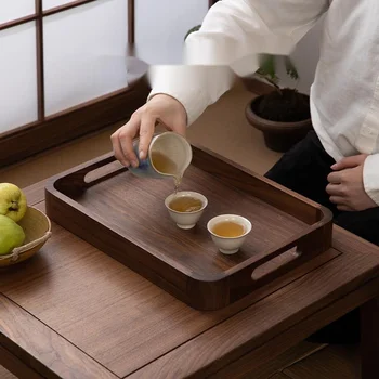 Japán Fekete Dió Tálca Tea Tálca Home Office Tea Szoba Téglalap Alakú Fogantyúval Retro Japán Tömör Fa Tálca