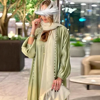 Marokkó Kaftán Muszlim Selyem Szatén Abaya Ruha, 2 darabos Készlet Abayas a Nők Dubai arab Buborék Gyöngyök Kimonó Kardigán Köntös Outwear