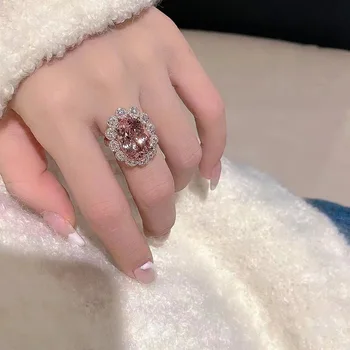 Szikrázó 925 Sterling Ezüst Rózsaszín Kristály Ujj Gyűrű a Nők Napraforgó Alakú Cirkon Köbméter Eljegyzési Gyűrű Esküvői Ékszer
