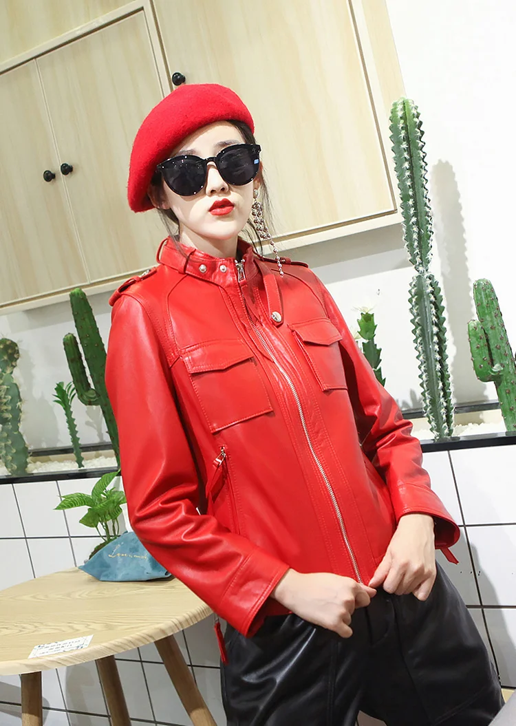 2023 Tavaszi Őszi Valódi Bőr Kabát Női Vékony Piros Motorkerékpár, Motoros Kabátok Casaul Koreai Nők Ruhát Veste Femme 2021