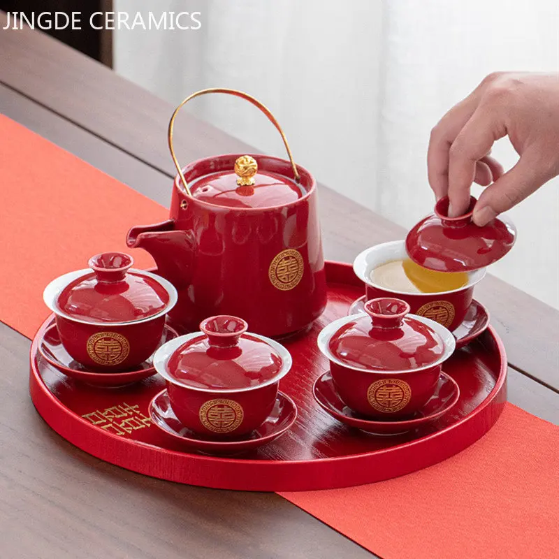 Boutique Kínai Tea Szett, Vörös Kerámia Gaiwan Teáskanna Tea Tálca Ruha Esküvői Teás Készlet Készletek Szabott, Magas Minőségű Teaware Ajándékok