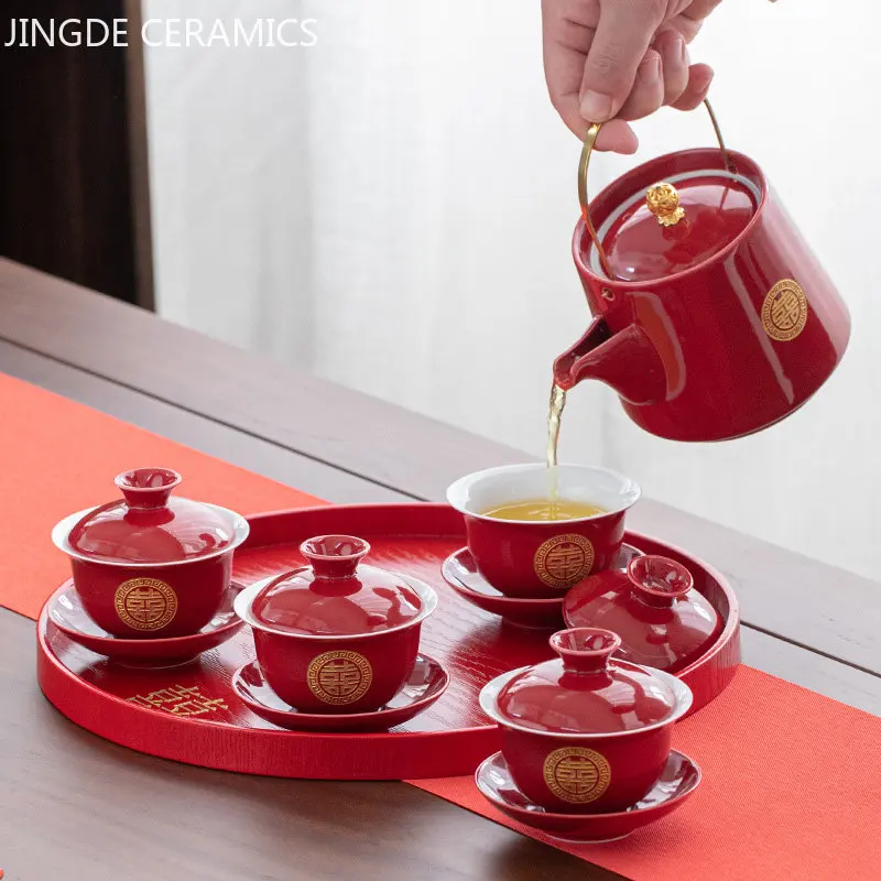 Boutique Kínai Tea Szett, Vörös Kerámia Gaiwan Teáskanna Tea Tálca Ruha Esküvői Teás Készlet Készletek Szabott, Magas Minőségű Teaware Ajándékok